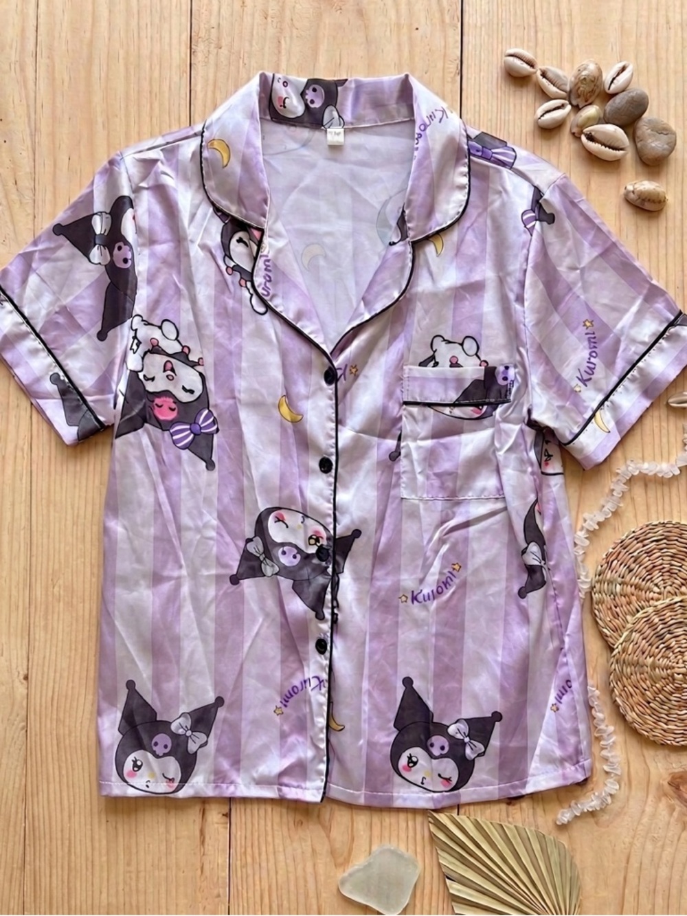 SANRIO KUROMI Satin Pajama Top Purple Striped Button Down Sleep Shirt - Size M